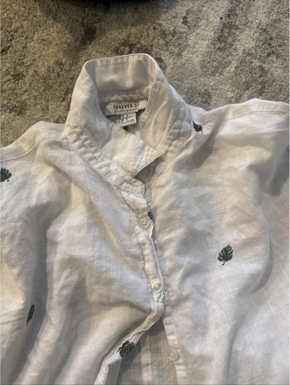 Forever 21 Contemporary Button Blouse - White with Green Leaves - Size S